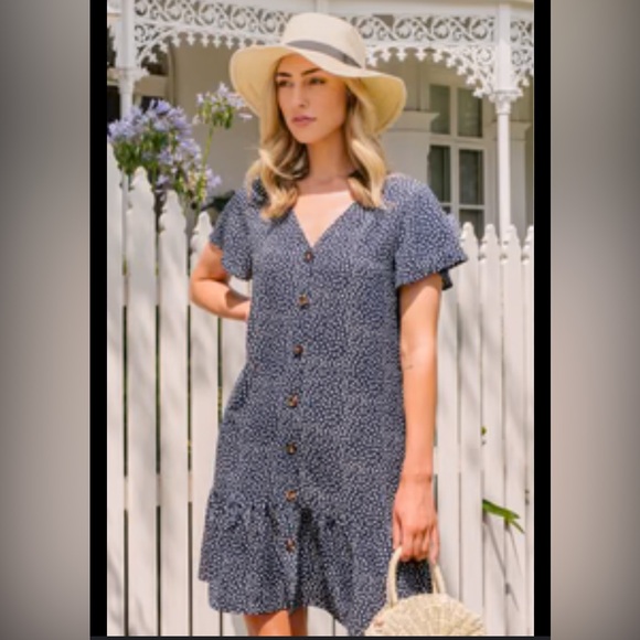 Navy-Black Polka Dot Button-Down Dress Sz S - Picture 1 of 5